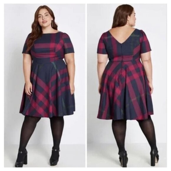 ModCloth Plaid Holiday Midi Dress Christmas Fall Winter Vintage Inspired Retro - Picture 1 of 10